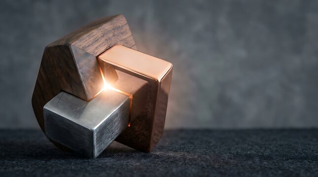 Interlocking puzzle pieces made of wood, metal, and copper with bright light emanating from junction