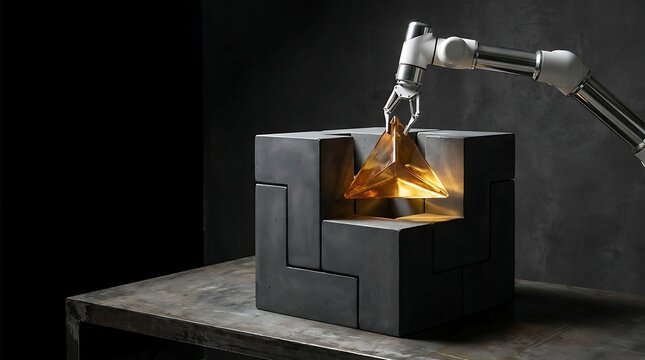 Robotic arm carefully places glowing pyramid into concrete puzzle cube on old table