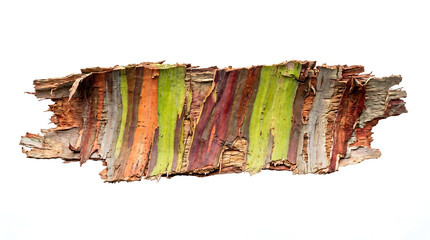 Obraz premium Vibrant Rainbow Eucalyptus Bark Fragment Isolated on White Background - Multicolored Eucalyptus Deglupta Peeling Tree Texture with Natural Vertical Stripes for Botanical Design
