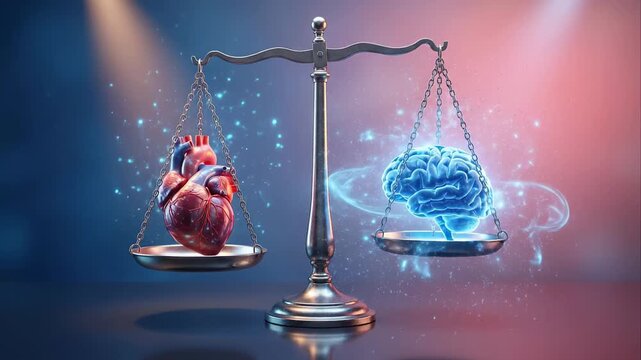 Conceptual animation of a heart and brain on a scale, symbolizing the difficult choice between emotion and logic, love and rationality, or instinct and intellect in decision making