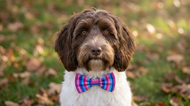 Brown and white dog wearing a colorful striped bow tie outdoors cockapoo