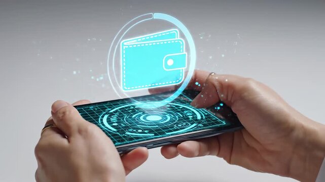 Businessman's hands holding a smartphone while a futuristic blue hologram of a digital wallet icon materializes above the screen, representing online payment, e commerce, and financial technology