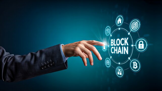 Blockchain technology concept with businessman interacting with digital cryptocurrency security network interface