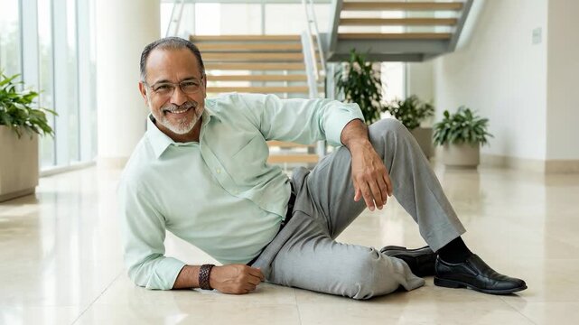 Mature unconscious man falling backwards on the office floor after a dizzy spell, heart attack, or fainting, needing urgent medical help. Senior citizen having an health accident