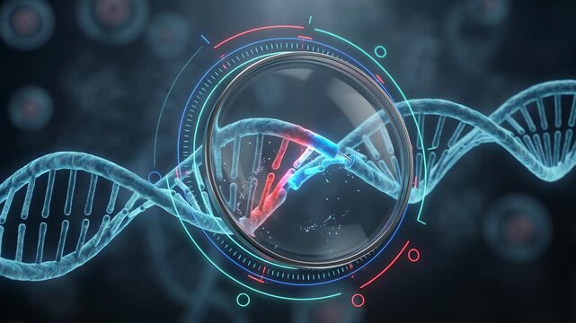 Microscopic view of a broken dna strand being repaired through advanced gene therapy, illustrating the concept of genetic engineering and futuristic biotechnology on a dark background