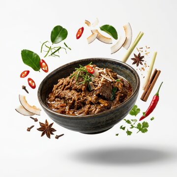 Rich beef rendang with aromatic spices and coconut flakes