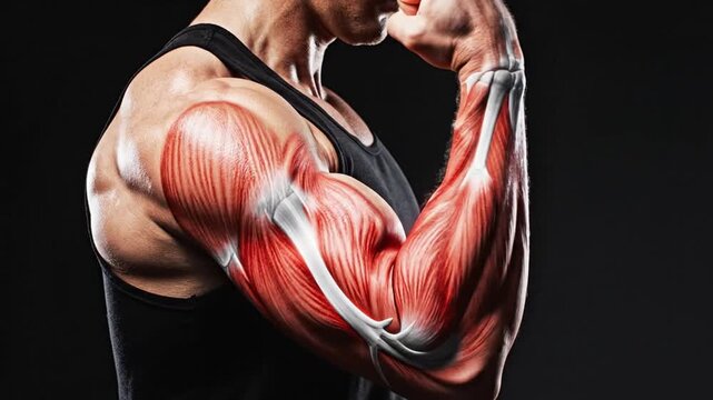 Bodybuilder flexing muscular arm with anatomical muscle and bone structure overlay on dark background
