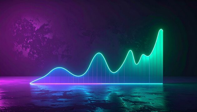 neon fintech stock market graph with glowing lines reflecting on water at night