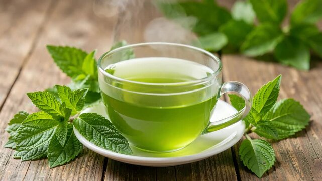 Steam rises gently from a steaming green tea cup. Fresh mint leaves surround the cup on a wooden surface. The glass cup rests on a white saucer. Green tea liquid fills the cup to a moderate level