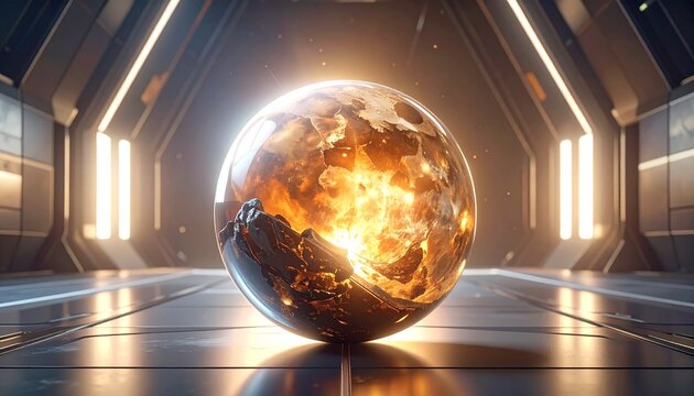 exploding planet earth with fiery core in futuristic sci-fi corridor 3d render