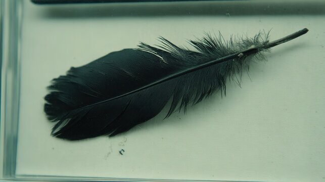 Scoter duck feather specimen in glass exhibit case, annotated label, neutral background professional lighting, educational natural history display