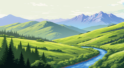 Obraz premium Serene landscape view of rolling green hills and mountains with a winding river vector illustration.