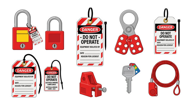 Red industrial lockout tagout safety devices including padlocks keys and warning labels for machinery equipment maintenance and risk prevention