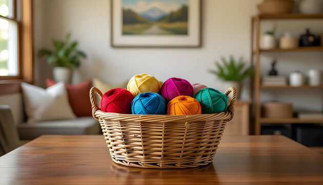 Assorted vibrant knitting yarn balls arranged in a wicker basket on a wooden table, surrounded by a cozy living room with plants and decorative elements