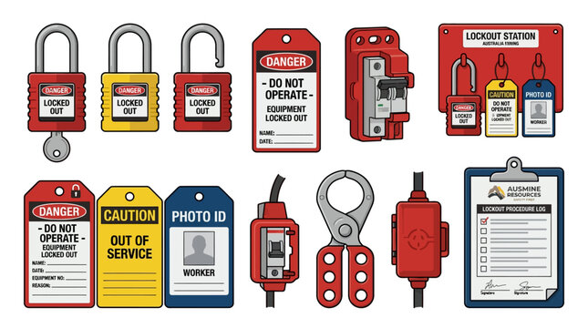 Set of industrial lockout tagout equipment featuring safety padlocks, hazard warning labels, circuit breakers, and professional procedure log documentation forms.