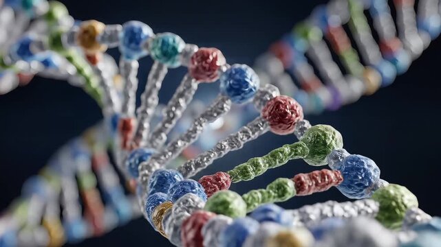 Abstract 3D DNA Double Helix Structure Animation with Colorful Nucleotides.