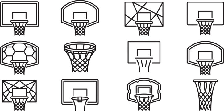 Collection of basketball hoop and backboard icons for sport graphic design