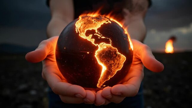A human hand holding a world globe that is engulfed in flames. Conceptual symbolizing environmental issues or global crisis.