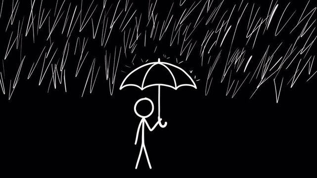 Hand Drawn Stick Figure with Umbrella in Scribble Rain Looped Animation. A dynamic "boiling lines" effect. For protection, resilience, insurance, life's challenges in video overlays and social media 