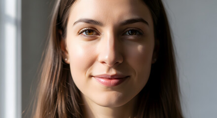 Fototapeta premium Close up portrait of a smiling young woman with brown eyes