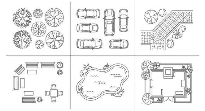 Architectural Landscape Design Elements Vector Set with Top View Trees Vehicles Furniture Pond and Building Site Plan