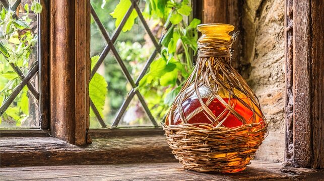 Wicker-covered glass demijohn on wood shelf, amber liquid glowing in natural window light, rustic shallow depth, brewing storage