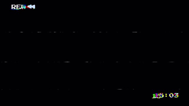 VHS Video Tape Rewind Screen on Black Background with Analog TV REW Display and Glitch Effects 4k video