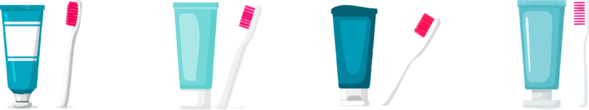 A vibrant turquoise toothpaste tube with neon pink bristles stands next to a white toothbrush in this minimalist vector illustration