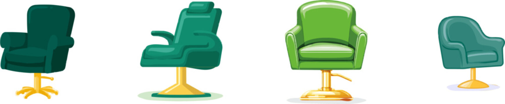 A sleek, deep emerald green leather salon chair with a shiny gold base is depicted in a minimalist vector illustration style, isolated against a pure white background