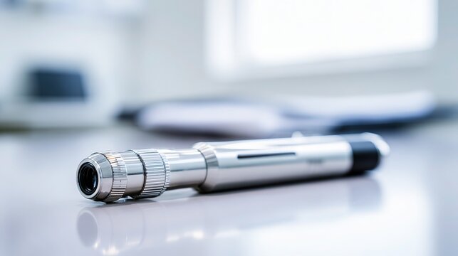 Professional ophthalmoscope in minimalist eye clinic, cold metallic texture with soft ambient light, medical instrument aesthetic