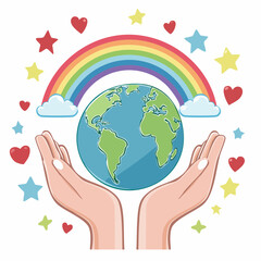 Obraz premium Hands Holding Earth Under Rainbow with Stars and Hearts