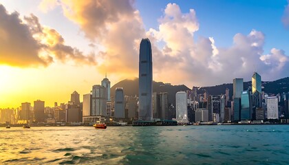 Fototapeta premium Hong Kong cityscape harbor sunset skyline.