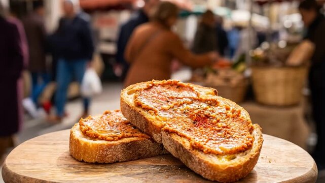 Toasted Crusty Bread with Canarian Almogrote Spread Served at a Traditional Outdoor Market.