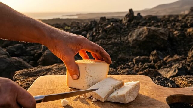 Close-up of Farmer's Hands Cutting Traditional Canarian Goat Cheese on a Volcanic Lava Field at Sunset.