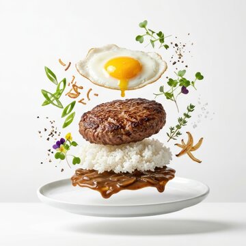 Floating Loco Moco with gravy, rice, burger, and fried egg