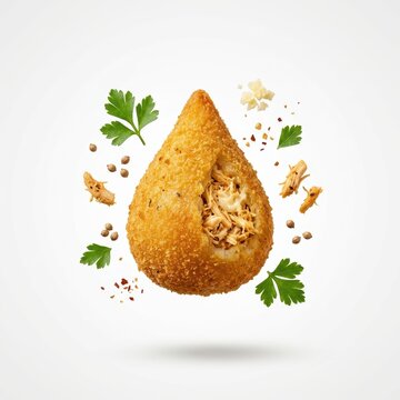 Crispy Brazilian coxinhas with chicken filling on white surface