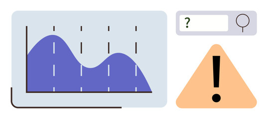 Data analysis, risk management, information search, alert systems, analytics, problem-solving. Graph with data points, triangle with exclamation mark search bar. Data analysis and risk management © robu_s