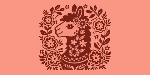 llama profile illustration with floral pattern pink background © Achinta