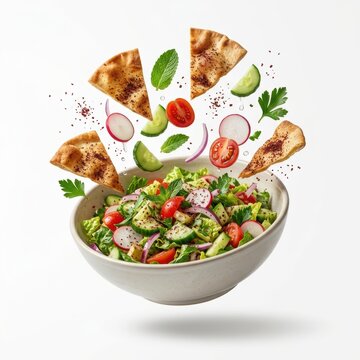 Fresh Lebanese fattoush salad with pita bread creating a delicious medley