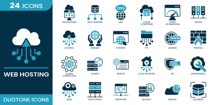 Web hosting icon set. web hosting, data hosting, dns, cloud computing, speed optimization, server, firewall, ftp, ssl, domain, backup, database, hosting, internet. Duotone vector icons.