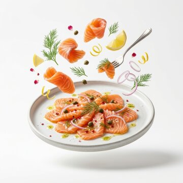 Salmon carpaccio with dill, capers, lemon, and red onion