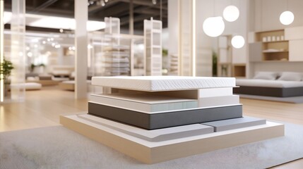 Fototapeta premium Stacked Foam Mattresses in Modern Furniture Store