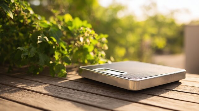 Weighing scales representing healthy lifestyle, ground-level view, natural ambient light, simple composition with blurred background