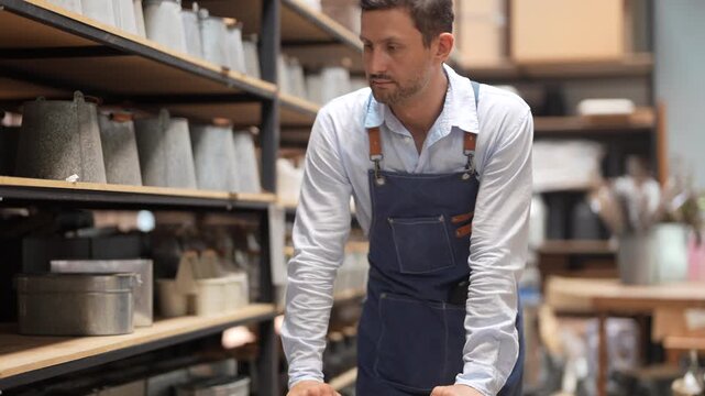 Caucasian male worker in denim apron using barcode scanner on metal bucket in small business warehouse, Retail stock management, e-commerce fulfillment, home decor logistics and supply chain concept