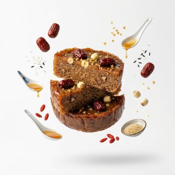 Floating nian gao with red dates, nuts, and honey for dessert