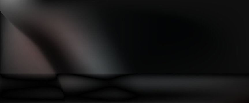 Limbo black background. Abstract dark gradient backdrop. Color wall of studio, room, stand for product display or photo. Modern banner with empty place for advertising text. Vector illustration.