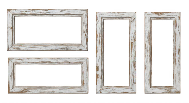 Four empty rectangular frames with distressed white paint finish and visible wood grain texture isolated on a black background
