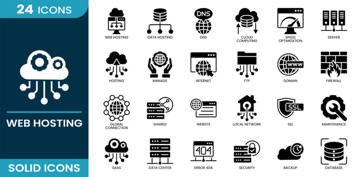 Web hosting icon set. web hosting, data hosting, dns, cloud computing, speed optimization, server, firewall, hosting, domain, ssl, backup, database, ftp, internet. Solid vector icons.