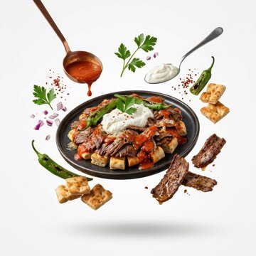 Traditional Turkish iskender kebab with ingredients soaring around