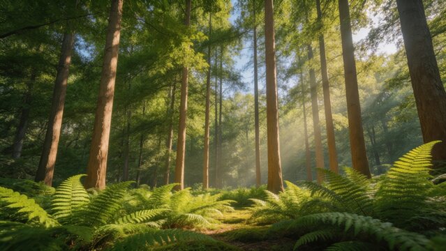 Sunlit forest with tall trees and ferns